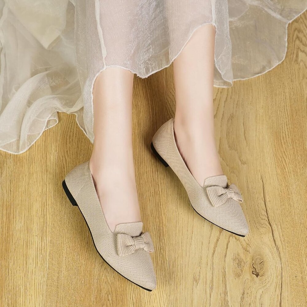 Women Nude Pointed Toe Dressy Comfortable Knit Breathable Mesh Ballet Flats - Picture 7 of 7